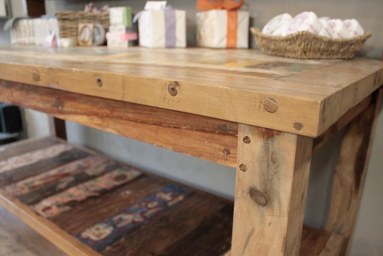 Reclaimed Teak 2.2m Display Table with Top Shelves – detail view 4 of reclaimed wood display furniture