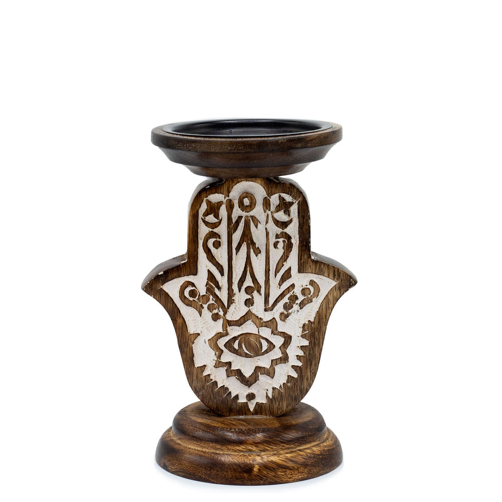 Mango Wood Candle Stand – Hamsa – Small – detail view 6 of mango wood candle holder