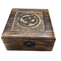 Square Wooden Keepsake Box 13x13x6cm – Om – front product view of carved wooden keepsake box