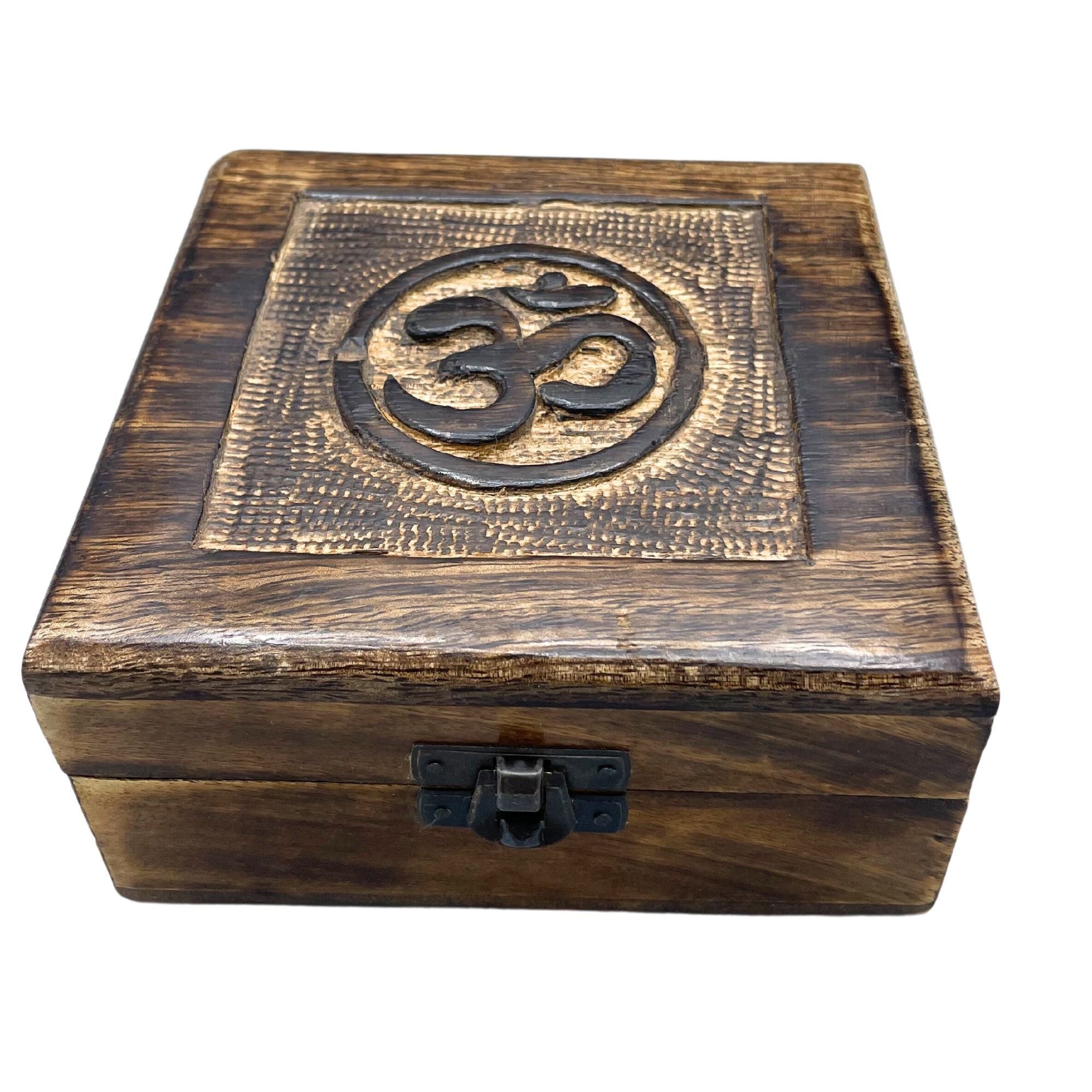 Square Wooden Keepsake Box 13x13x6cm – Om – front product view of carved wooden keepsake box