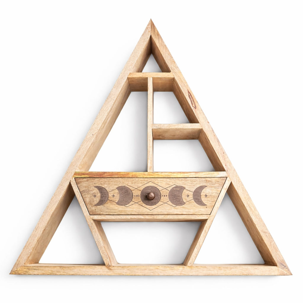 Geometric Triangle Wall Mounted Shelf with Storage Drawer – detail view 2 in wood