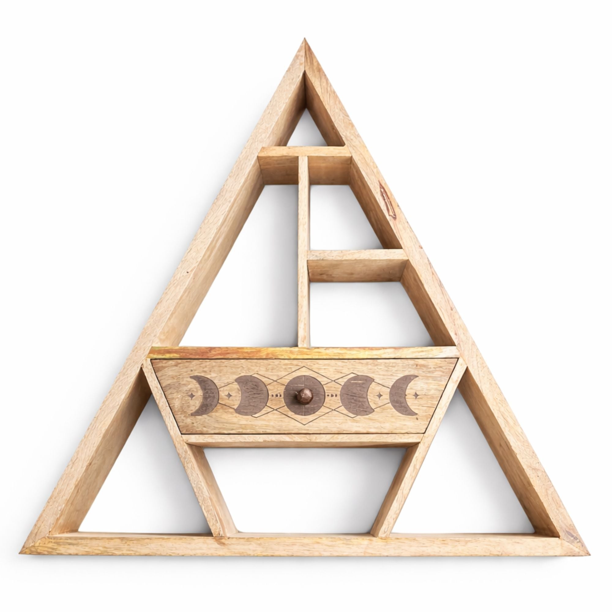 Geometric Triangle Wall Mounted Shelf with Storage Drawer – detail view 2 in wood