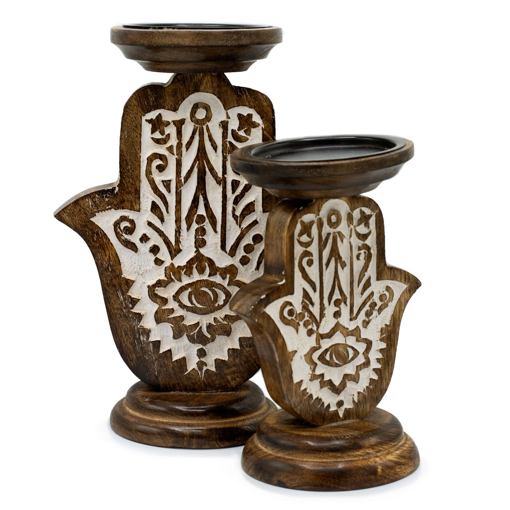 Mango Wood Candle Stand – Hamsa – Large – detail view 4 of mango wood candle holder