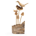 Hand-Carved Parasite Wood Bird and Bee on Mushrooms Sculpture – product view