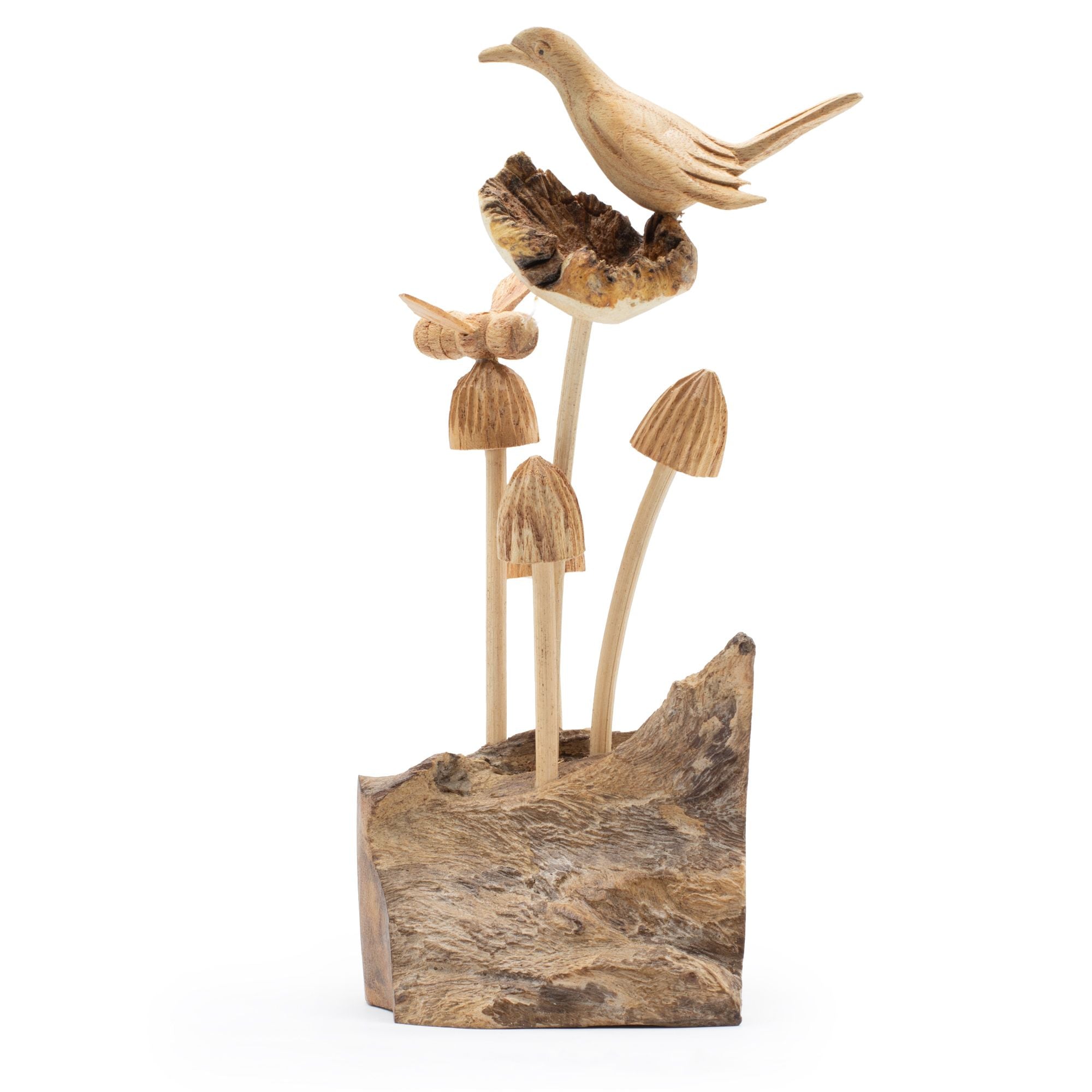 Hand-Carved Parasite Wood Bird and Bee on Mushrooms Sculpture – product view