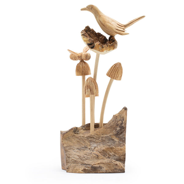 Hand-Carved Parasite Wood Bird and Bee on Mushrooms Sculpture – product view