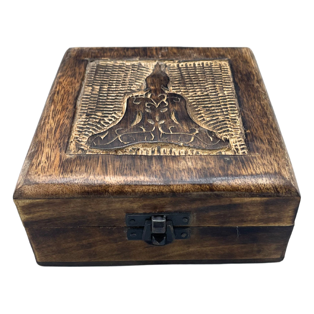 Square Wooden Keepsake Box 13x13x6cm – Buddha – front product view of carved wooden keepsake box