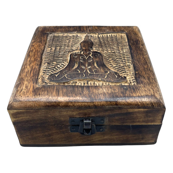 Square Wooden Keepsake Box 13x13x6cm – Buddha – front product view of carved wooden keepsake box