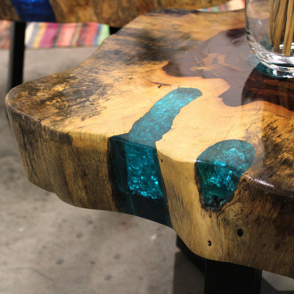 Live-Edge Tamarind Wood & Aqua Resin Coffee Table – front product view of tamarind wood coffee table