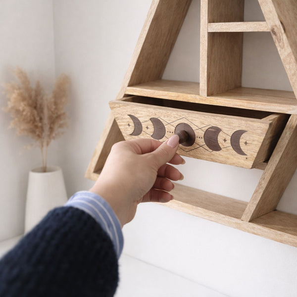 Geometric Triangle Wall Mounted Shelf with Storage Drawer – product view in wood