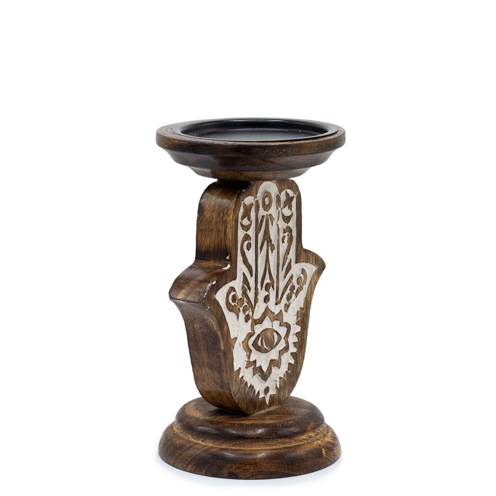 Mango Wood Candle Stand – Hamsa – Small – detail view 5 of mango wood candle holder