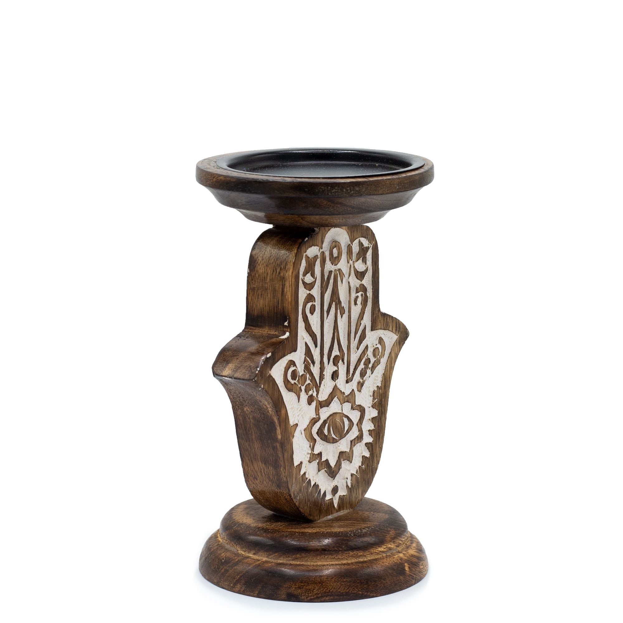 Mango Wood Candle Stand – Hamsa – Small – detail view 5 of mango wood candle holder