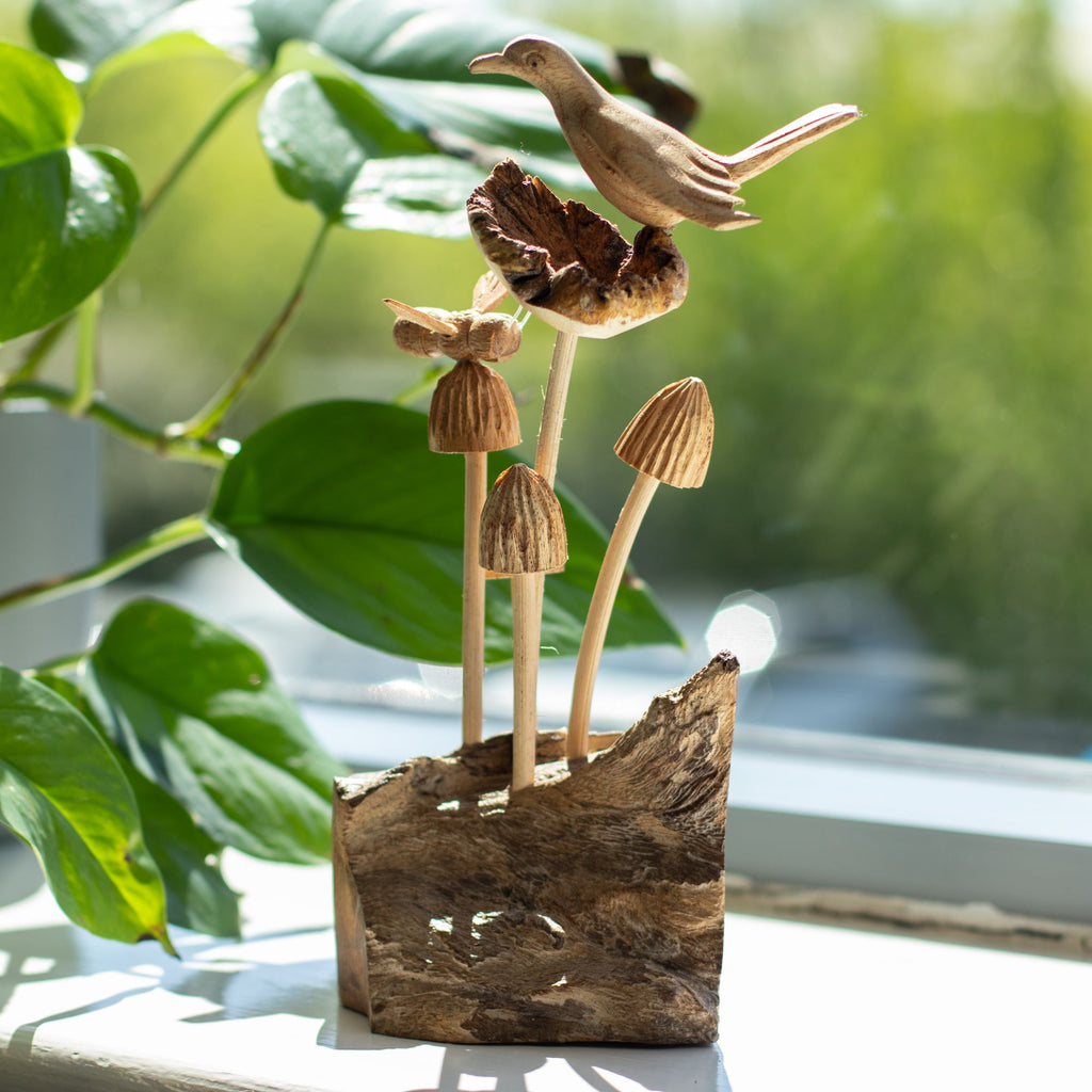 Hand-Carved Parasite Wood Bird and Bee on Mushrooms Sculpture – detail view 3