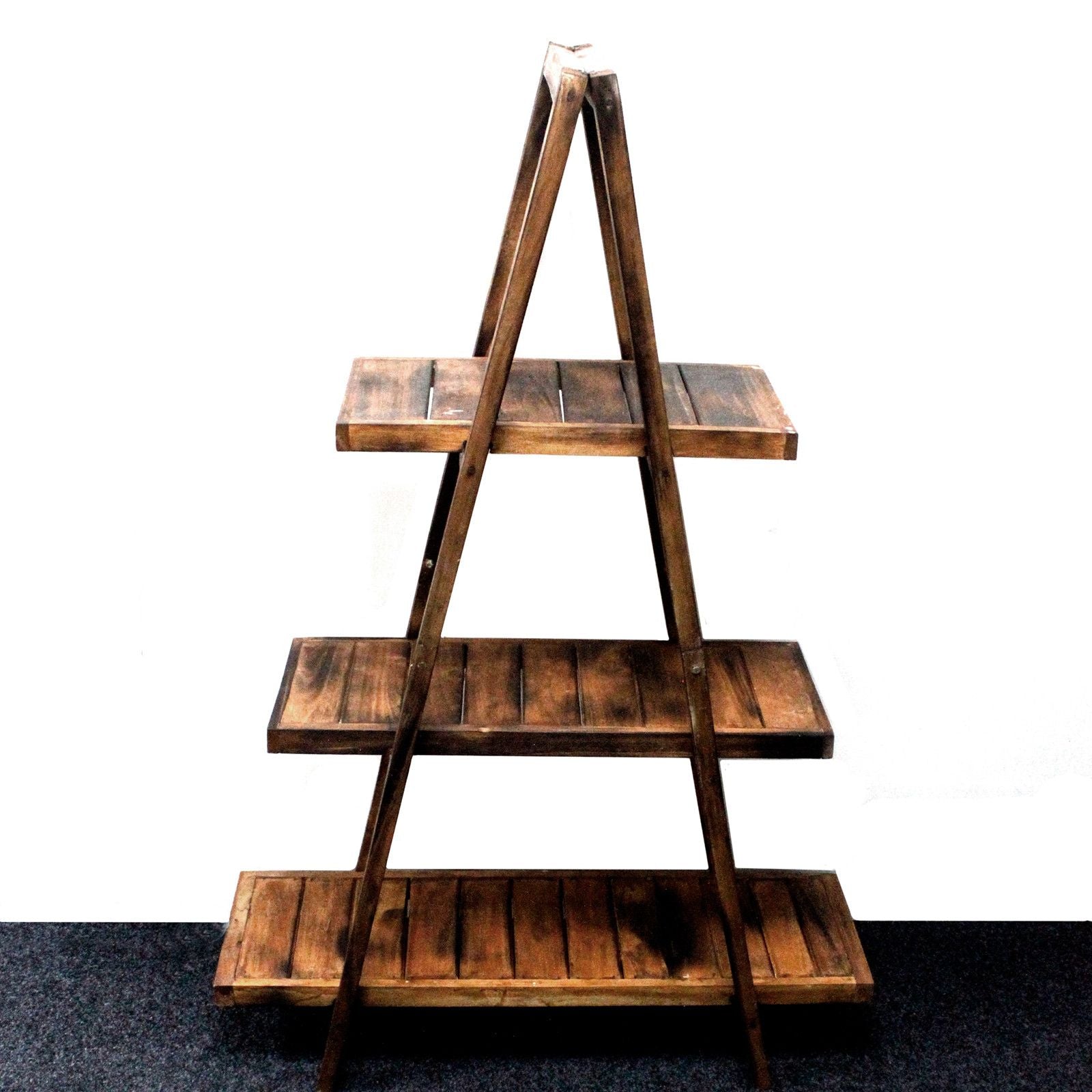 Folding Rustic Wood A-Frame Display Shelf – Brown – front product view of rustic wooden storage