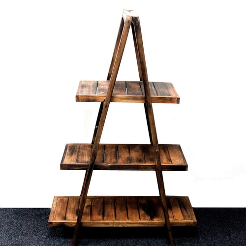 Folding Rustic Wood A-Frame Display Shelf – Brown – front product view of rustic wooden storage