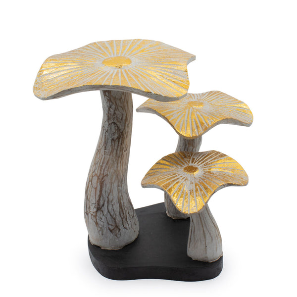 Medium Golden Wooden Mushroom Sculpture – 25cm – Whitewashed – front product view of wooden mushroom ornament