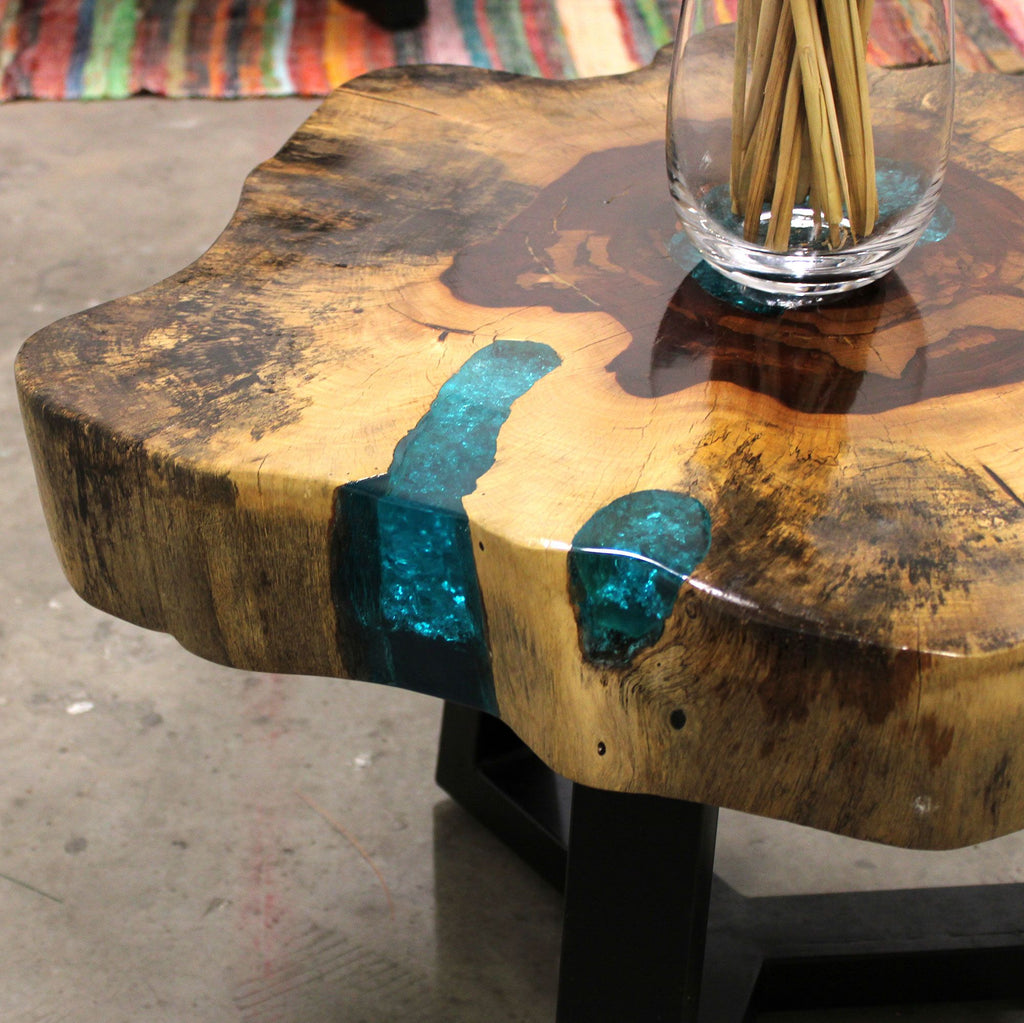 Live-Edge Tamarind Wood & Aqua Resin Coffee Table – detail view 4 of tamarind wood coffee table
