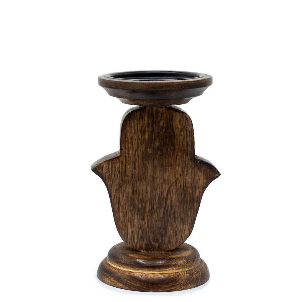 Mango Wood Candle Stand – Hamsa – Small – detail view 3 of mango wood candle holder