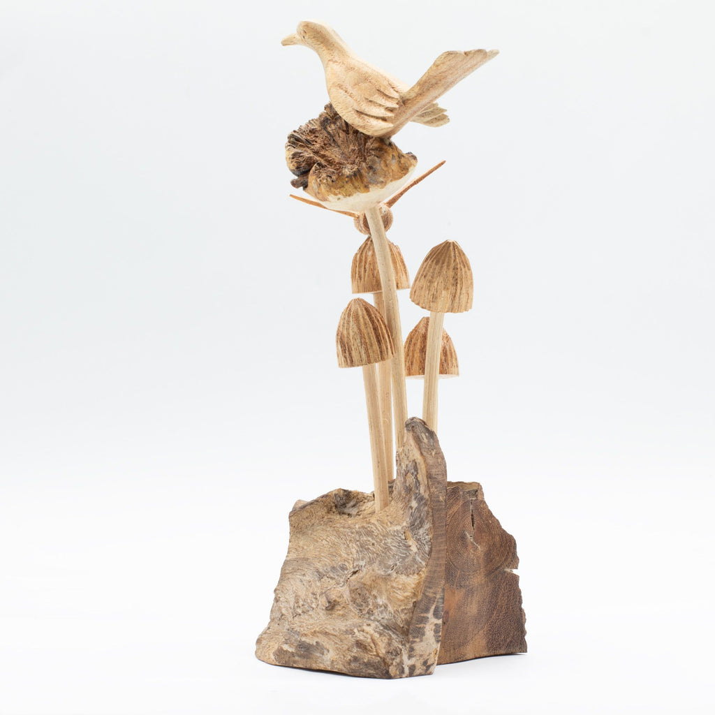 Hand-Carved Parasite Wood Bird and Bee on Mushrooms Sculpture – detail view 5