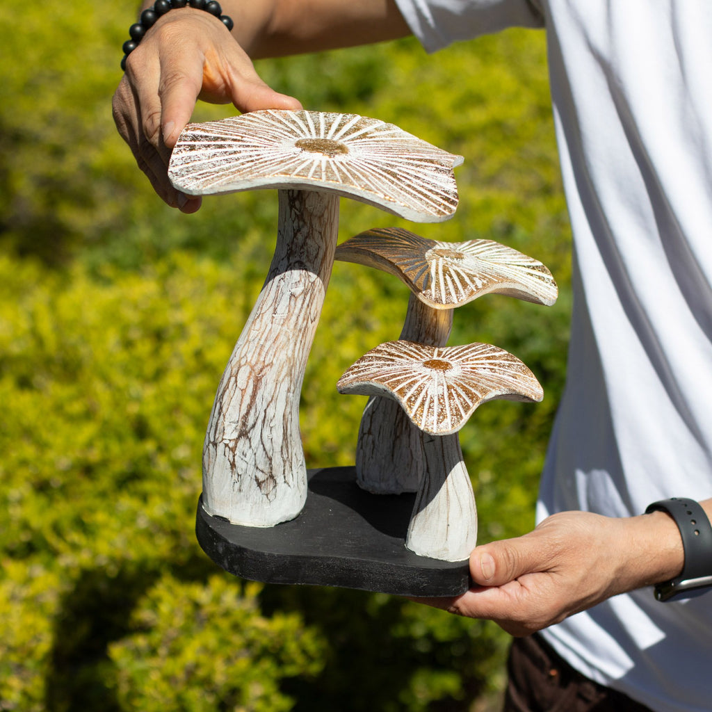 Medium Golden Wooden Mushroom Sculpture – 25cm – Whitewashed – detail view 3 of wooden mushroom ornament