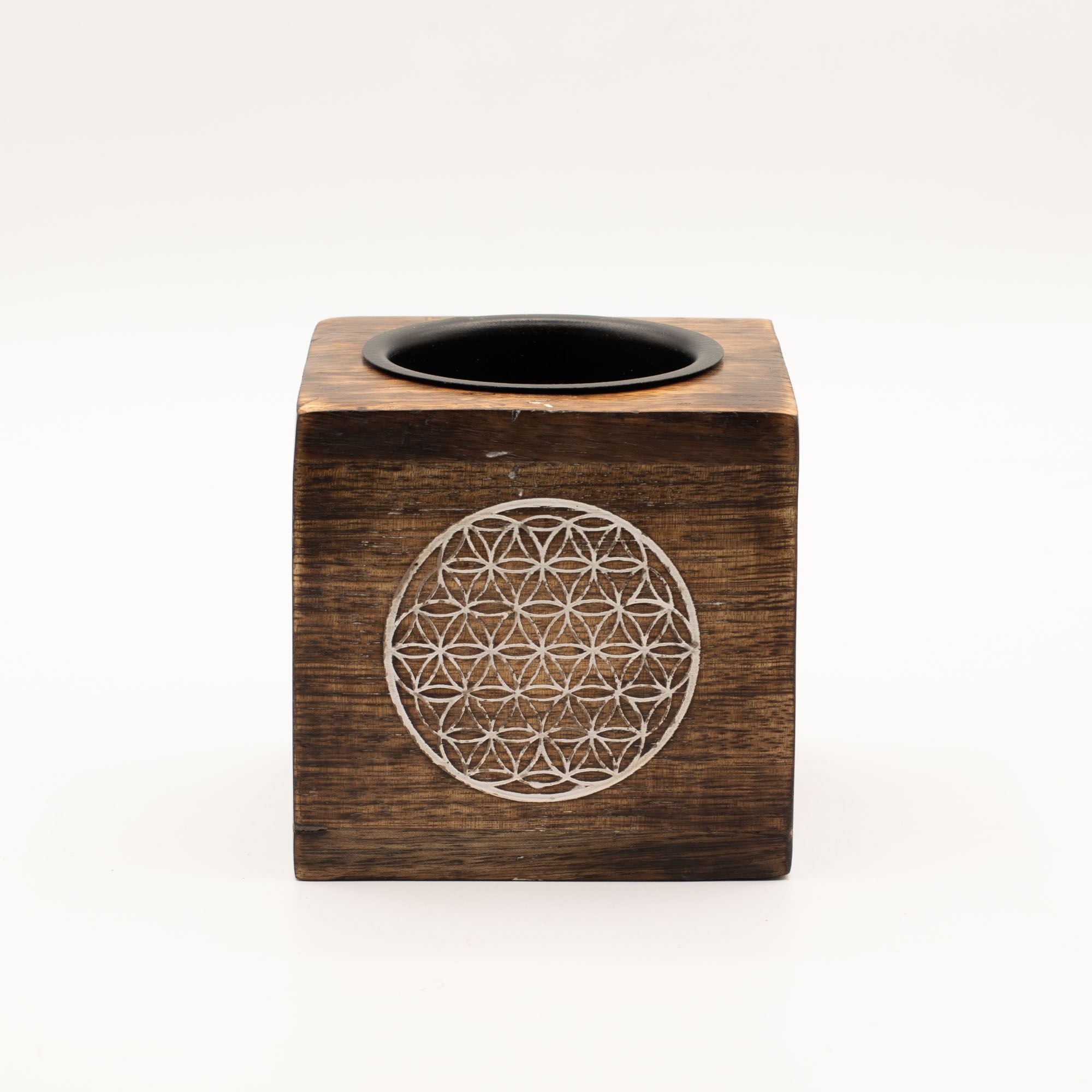 Handcrafted Flower of Life Square Mango Wood Oil Burner – Sacred Geometry – detail view 5 in wood and  metal