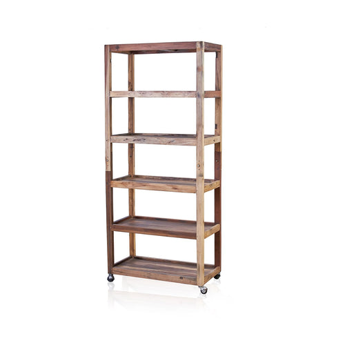 6-Tier Reclaimed Wood Rolling Display Shelf – Industrial Mobile Bookshelf – detail view 2