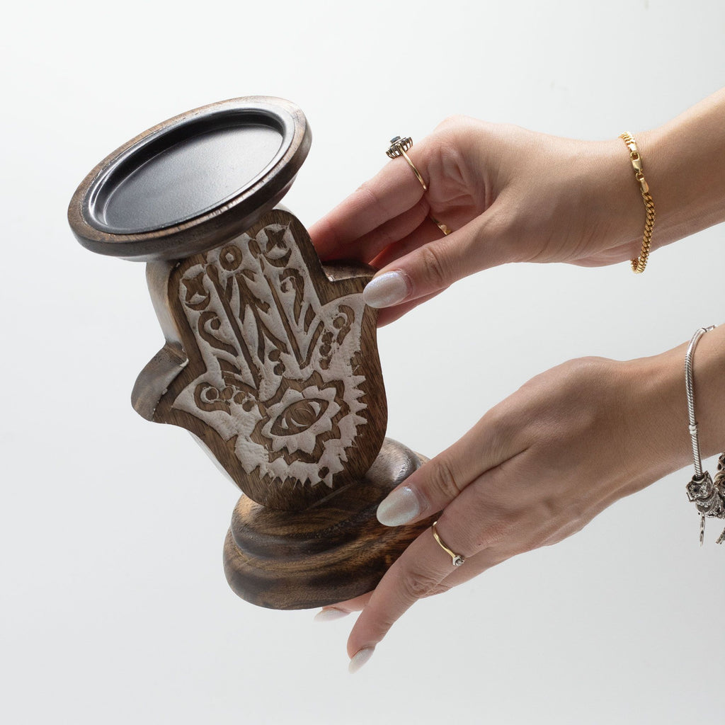 Mango Wood Candle Stand – Hamsa – Small – detail view 2 of mango wood candle holder