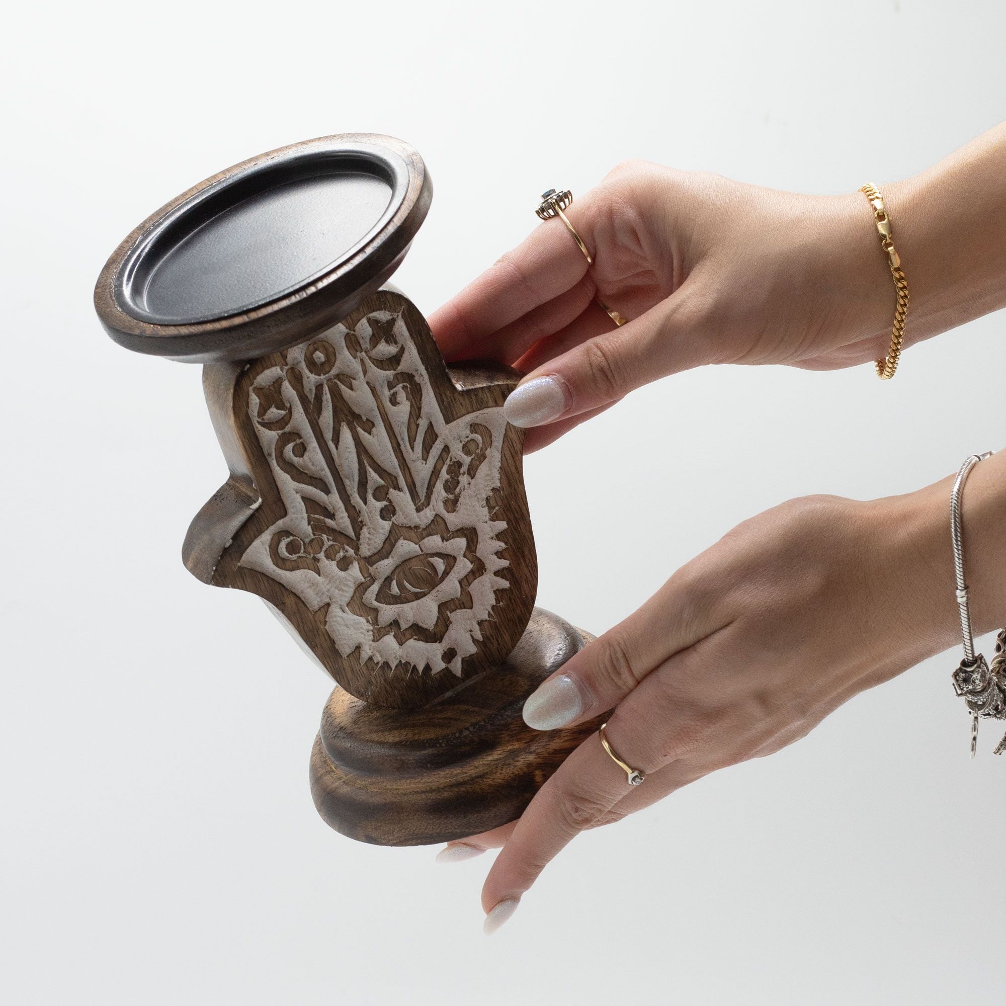 Mango Wood Candle Stand – Hamsa – Small – detail view 2 of mango wood candle holder