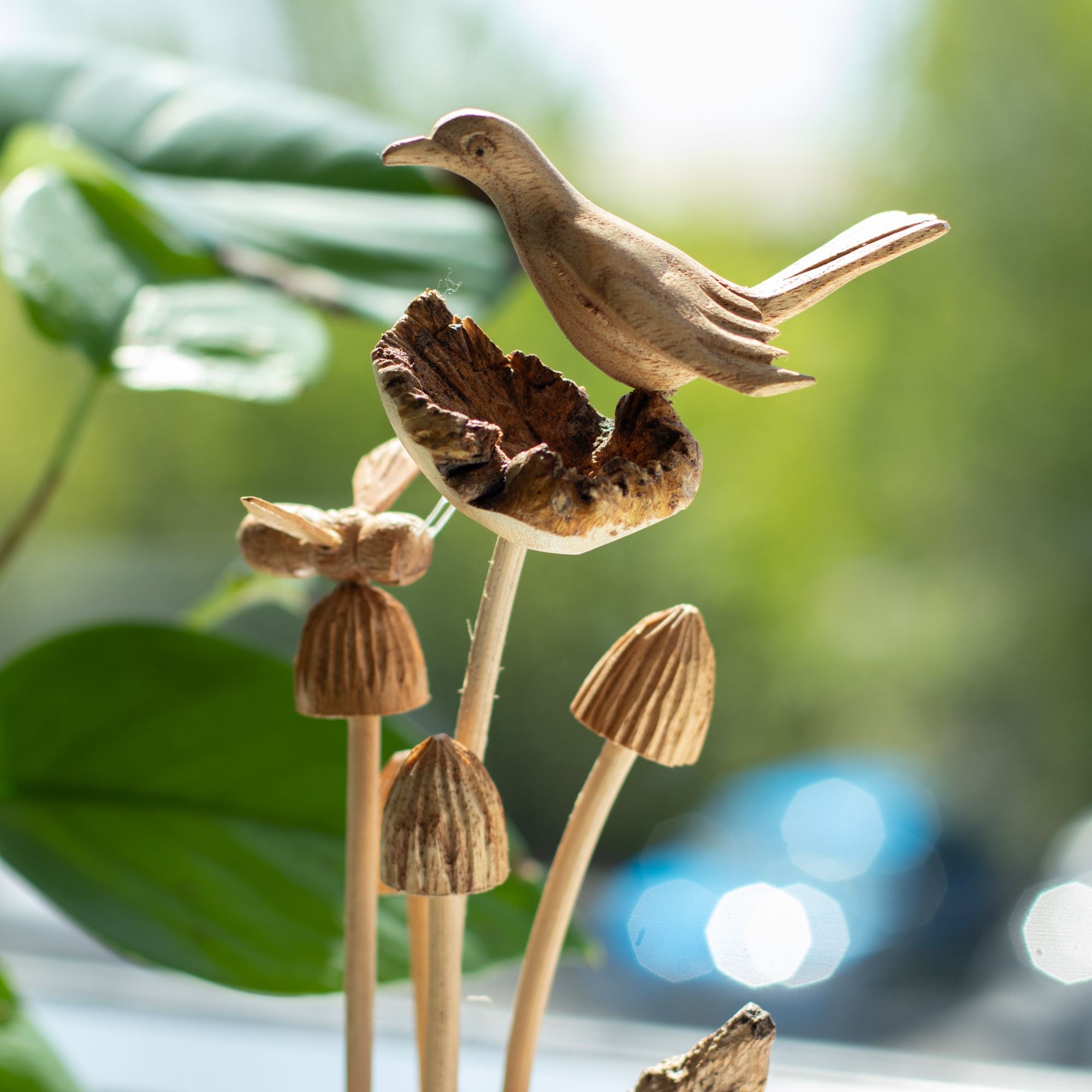 Hand-Carved Parasite Wood Bird and Bee on Mushrooms Sculpture – detail view 4