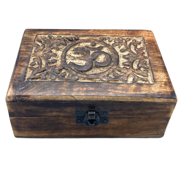 Medium Wooden Keepsake Box 15x10x6cm – Om – front product view of carved wooden keepsake box