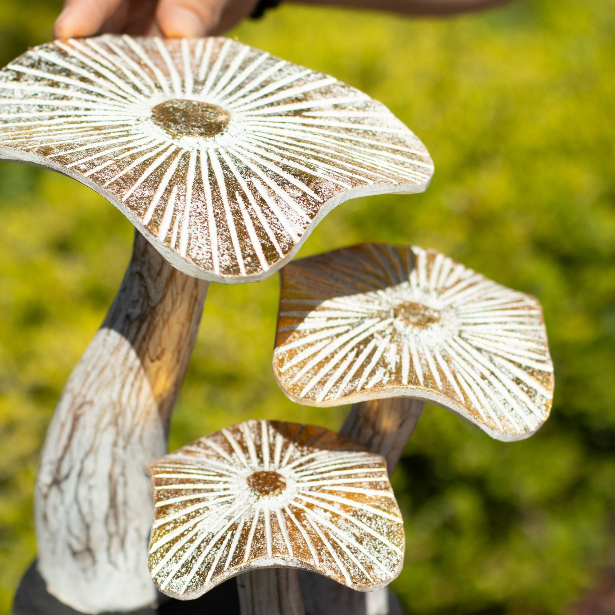 Medium Golden Wooden Mushroom Sculpture – 25cm – Whitewashed – detail view 4 of wooden mushroom ornament