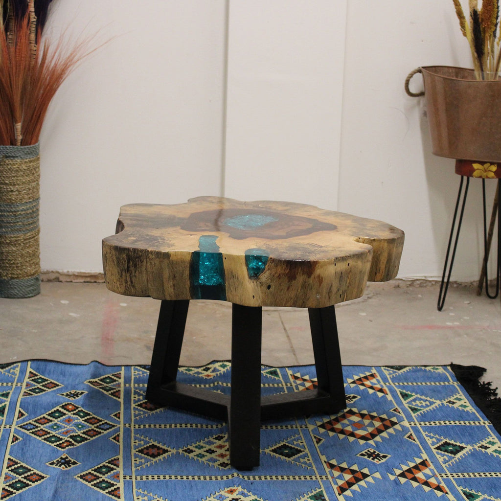 Live-Edge Tamarind Wood & Aqua Resin Coffee Table – detail view 7 of tamarind wood coffee table