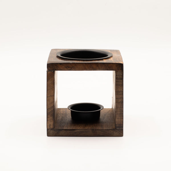 Handcrafted Flower of Life Square Mango Wood Oil Burner – Sacred Geometry – product view in wood and  metal