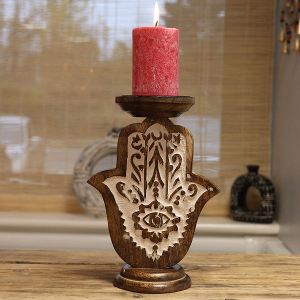 Mango Wood Candle Stand – Hamsa – Small – front product view of mango wood candle holder