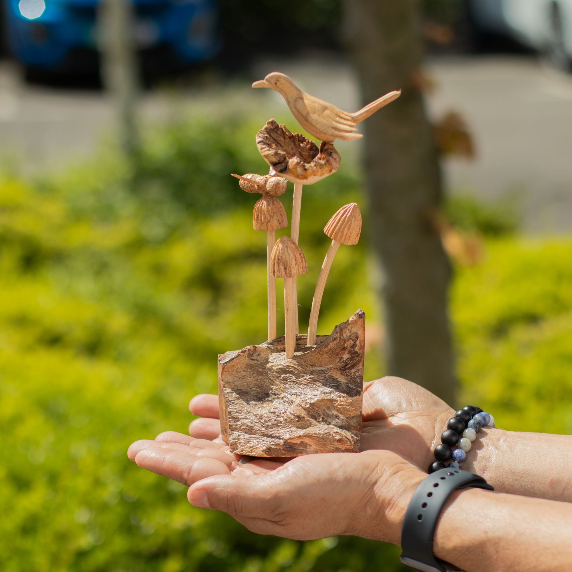 Hand-Carved Parasite Wood Bird and Bee on Mushrooms Sculpture – detail view 2