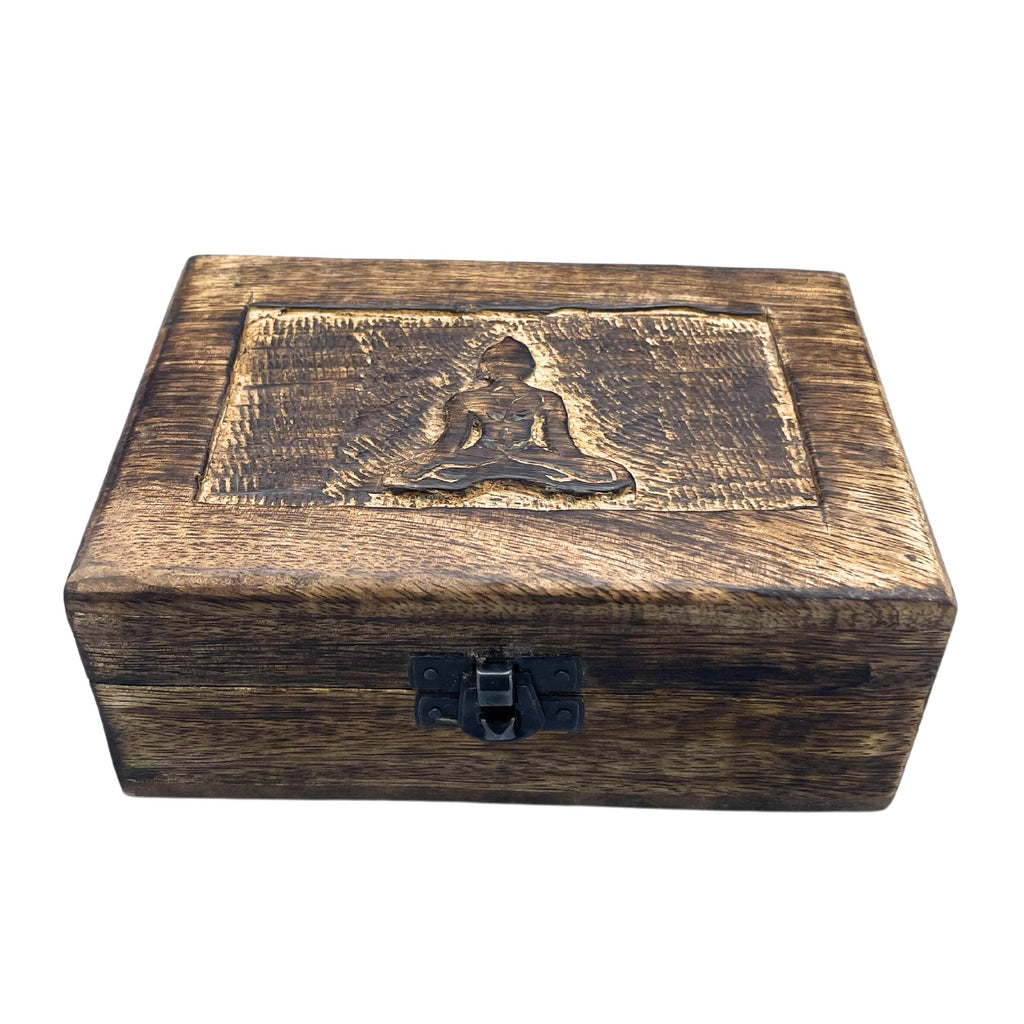 Medium Wooden Keepsake Box 15x10x6cm – Buddha – front product view of carved wooden keepsake box