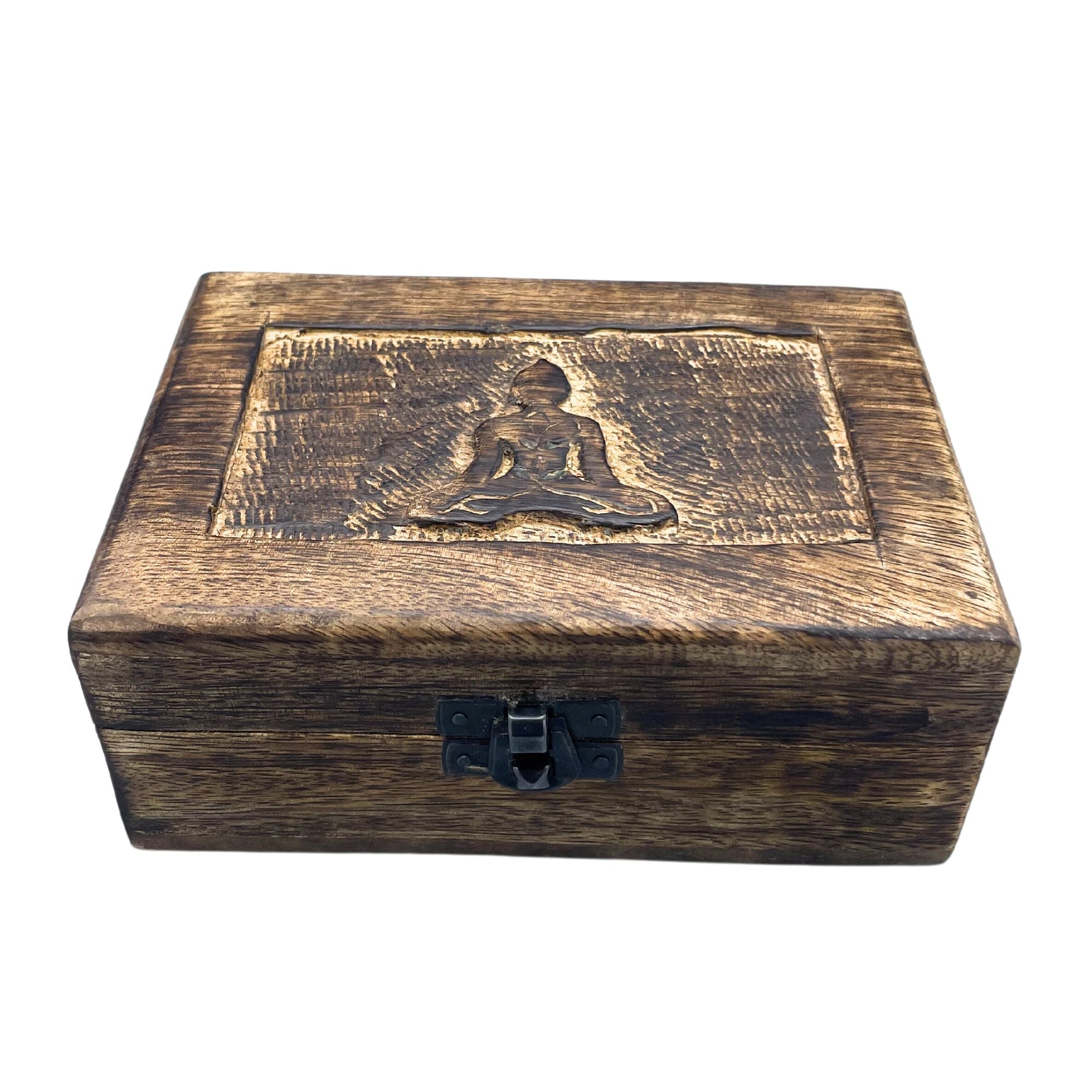 Medium Wooden Keepsake Box 15x10x6cm – Buddha – front product view of carved wooden keepsake box