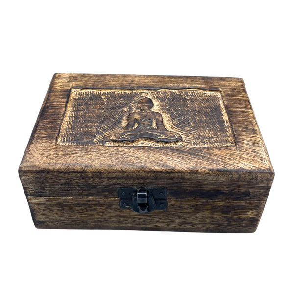 Medium Wooden Keepsake Box 15x10x6cm – Buddha – front product view of carved wooden keepsake box