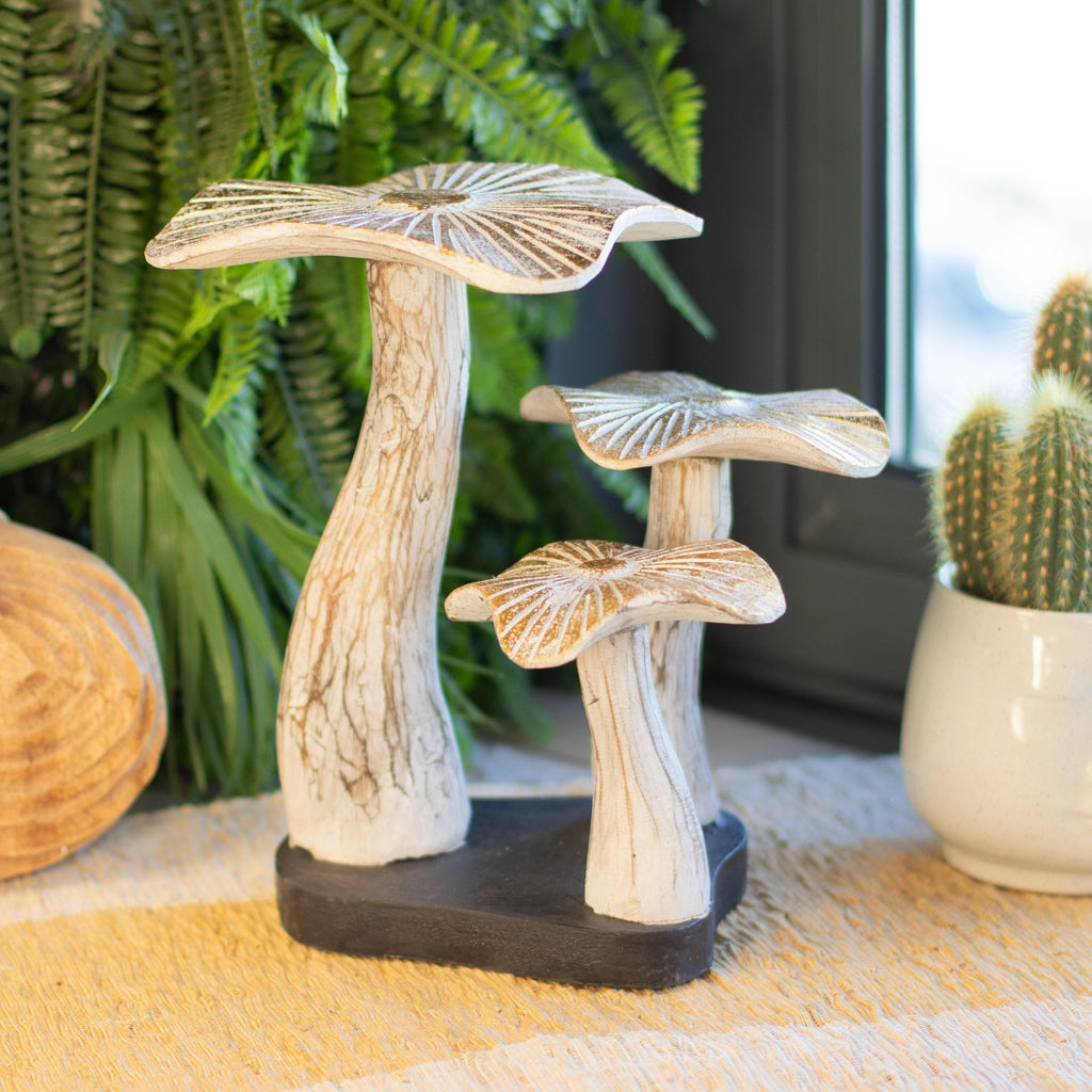 Medium Golden Wooden Mushroom Sculpture – 25cm – Whitewashed – detail view 2 of wooden mushroom ornament