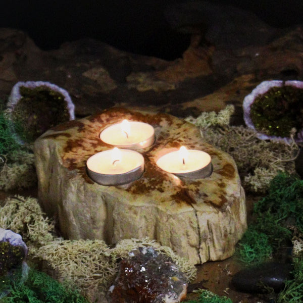 Petrified Wood Candle Holder – Double – front product view of petrified wood candle holder