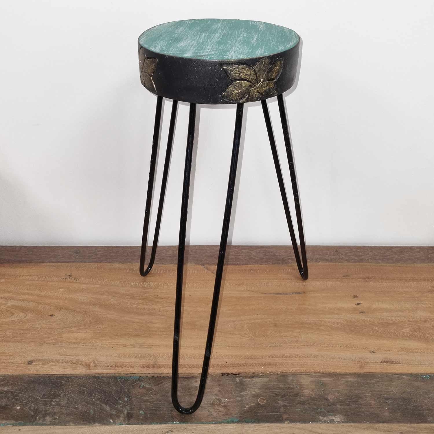 Albasia Wood Plant Stand – Turquoise & gold detail – detail view 3 of wooden plant stand