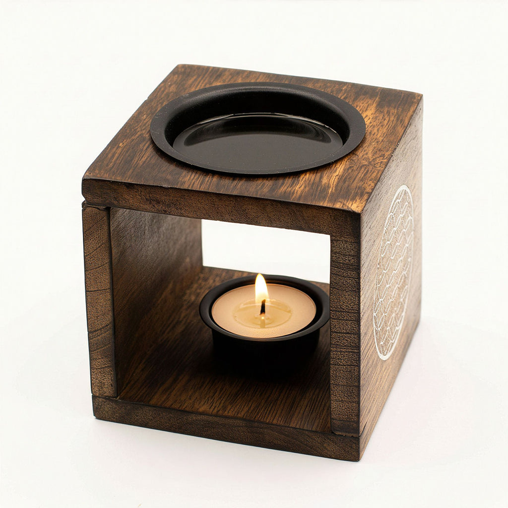 Handcrafted Flower of Life Square Mango Wood Oil Burner – Sacred Geometry – detail view 3 in wood and  metal