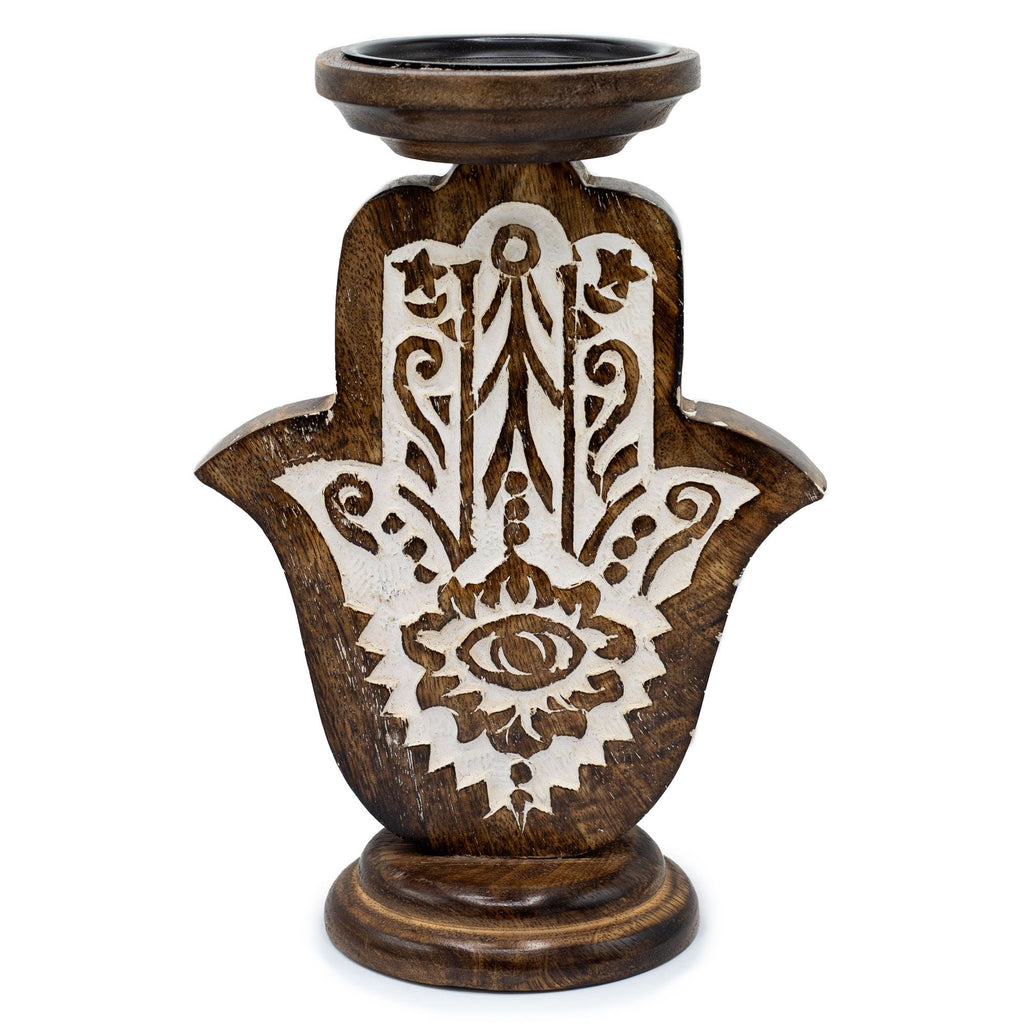 Mango Wood Candle Stand – Hamsa – Large – detail view 3 of mango wood candle holder