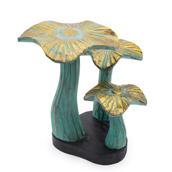 Small Golden Wooden Mushroom Sculpture – 20cm – Greenwashed – front product view of wooden mushroom ornament