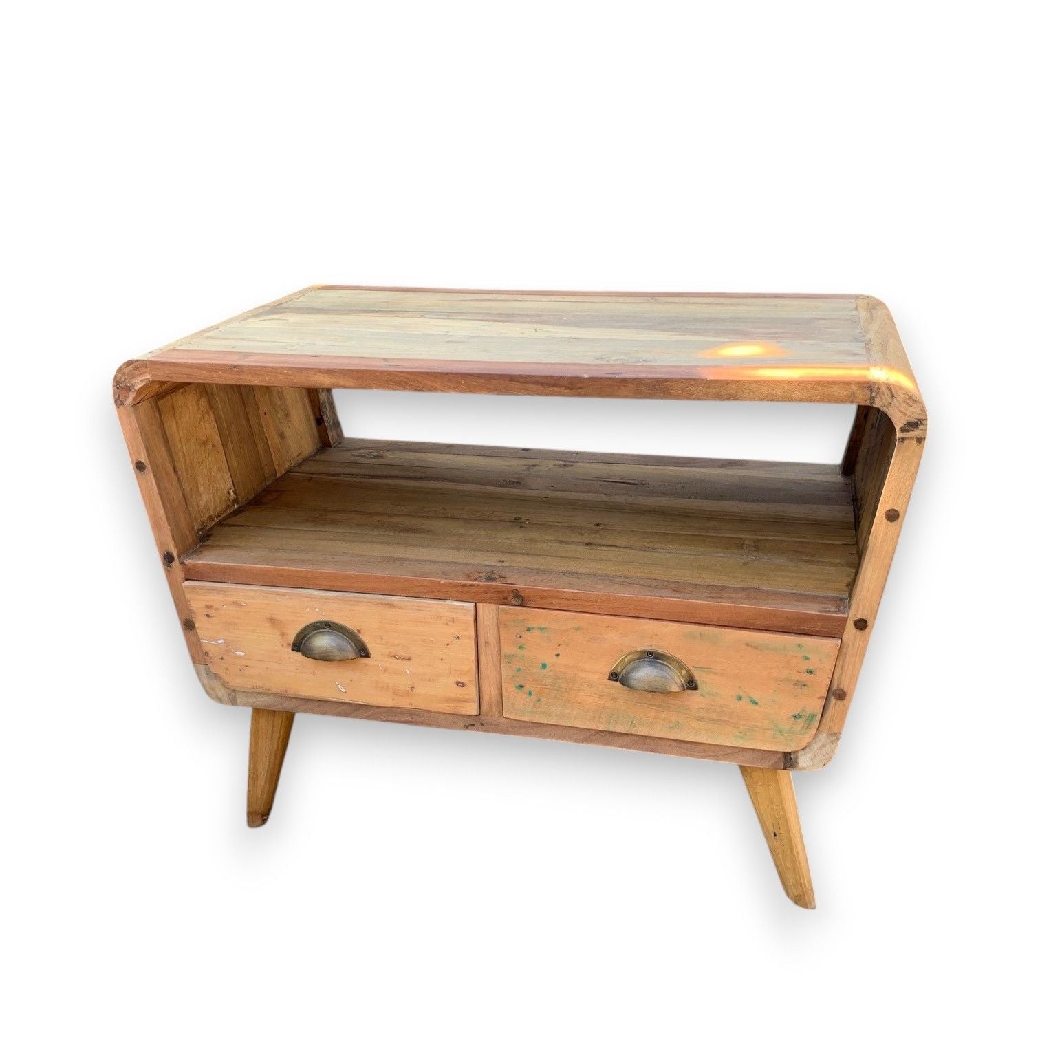 Small Round Reclaimed Wood TV Stand with 2 Drawers – Rustic Media Console – detail view 2