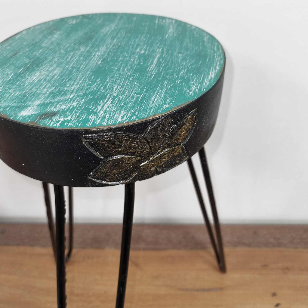 Albasia Wood Plant Stand – Turquoise & gold detail – detail view 2 of wooden plant stand