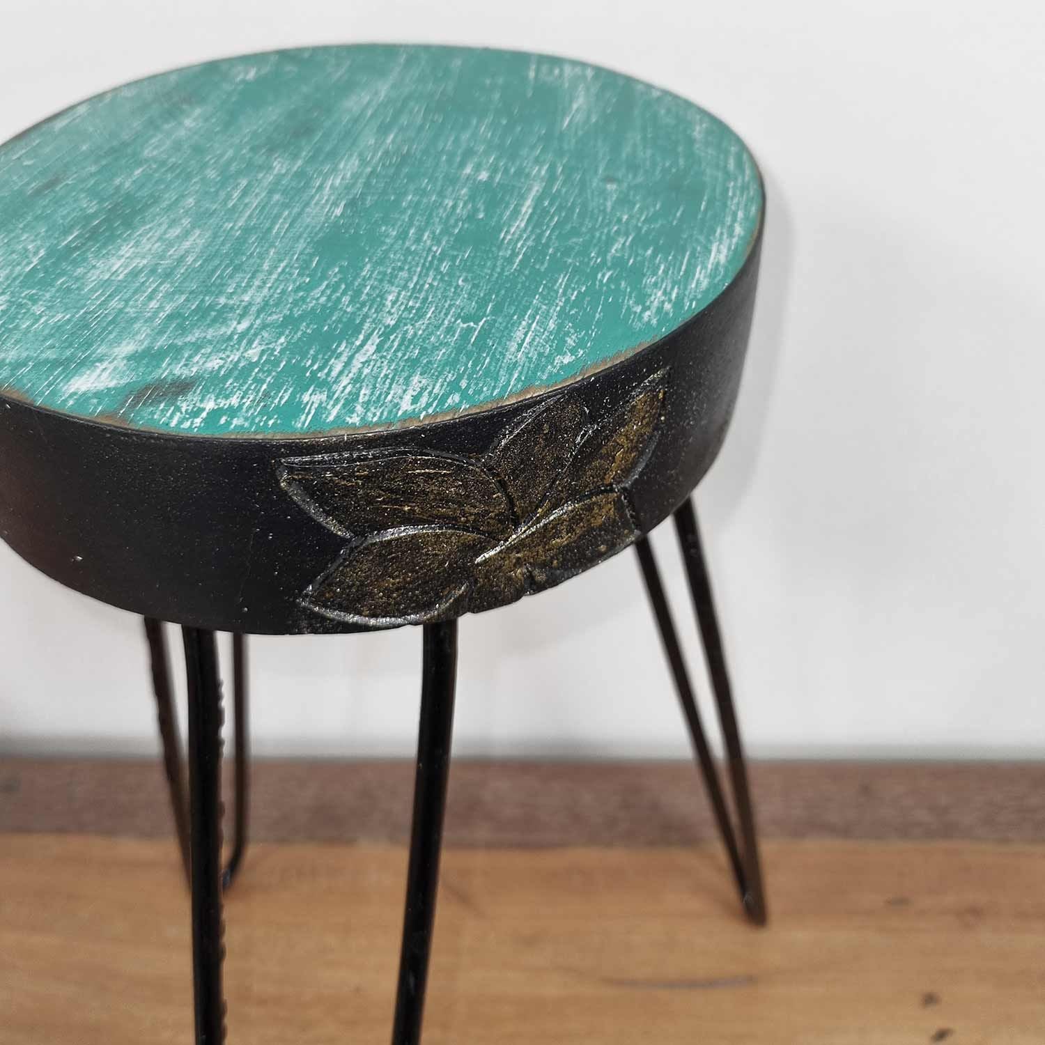 Albasia Wood Plant Stand – Turquoise & gold detail – detail view 2 of wooden plant stand