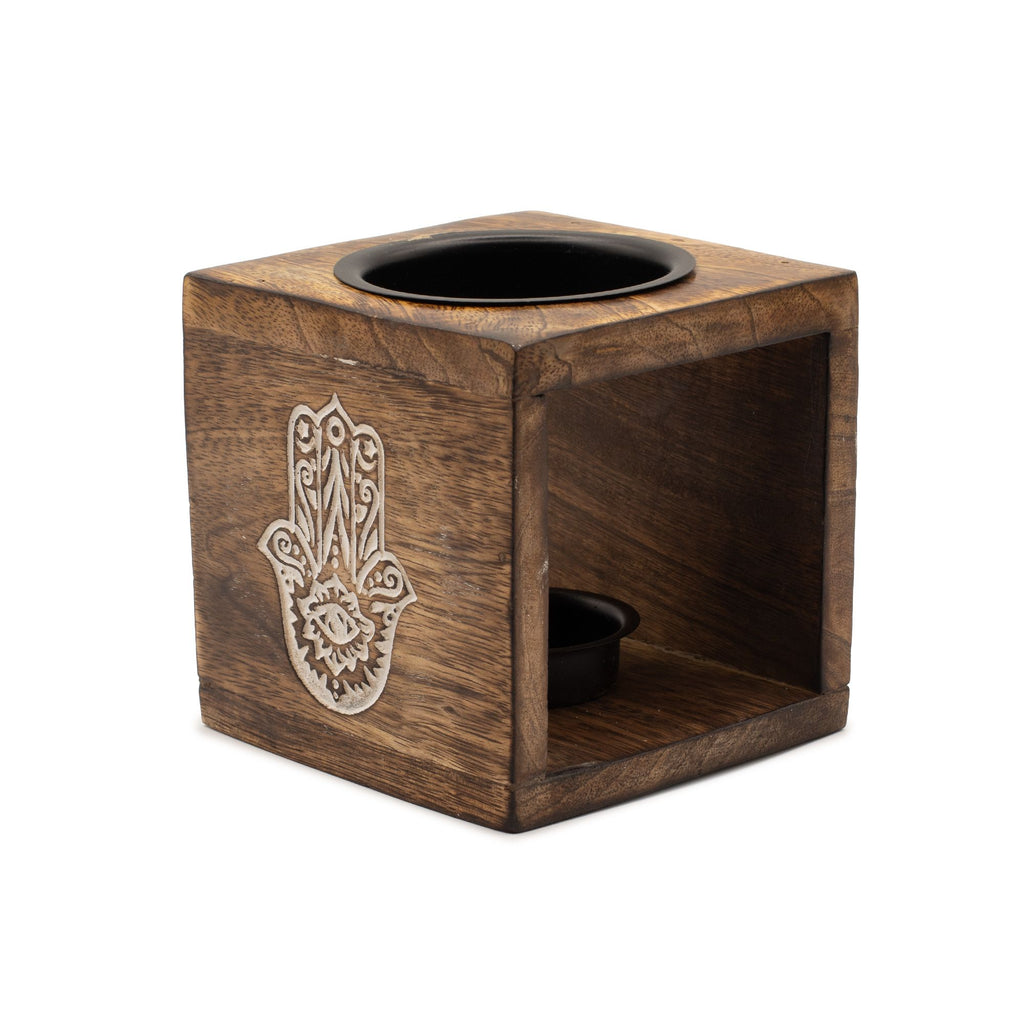 Square Mango Wood Oil Burner with Engraved Hamsa Hand – detail view 3